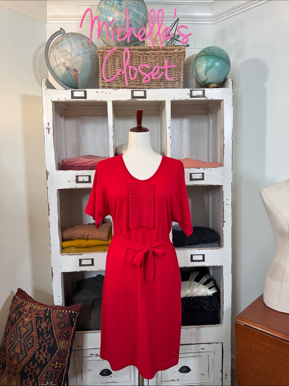 Lacoste Red Short-Sleeve Knit Dress with Removable Tie Belt